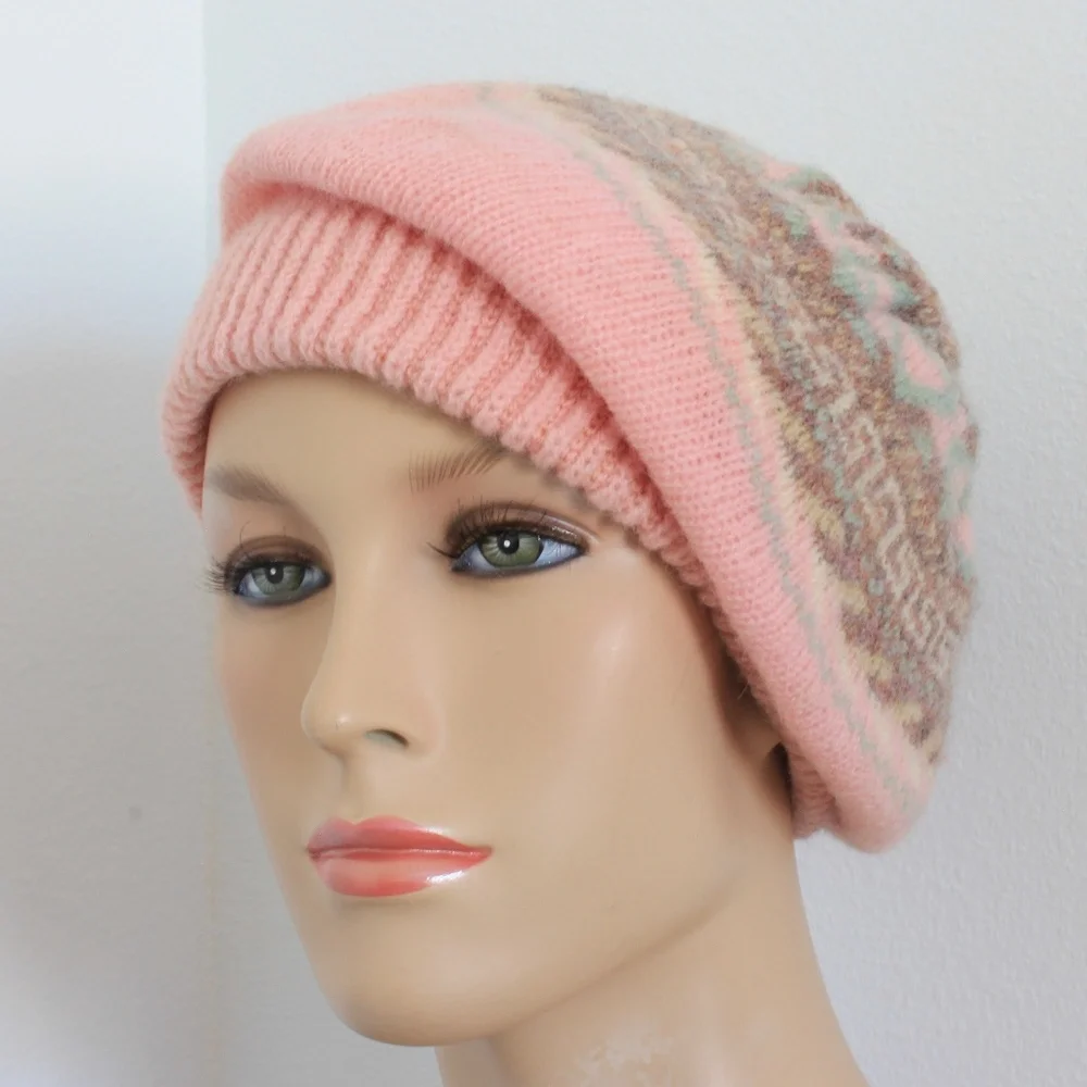 Bill Blass Hat Beret Wool Mohair Knit Pink Gray Vintage 70s Rare